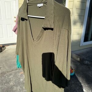 Olive Green Ribbed V-Neck Top with collar